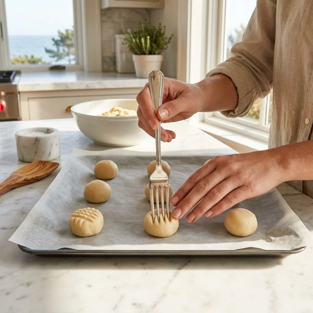A baker's hands using the tines of a polished silver fork to press parallel ridge patterns onto portioned round cookie dough balls on a parchment-lined baking sheet on a white marble kitchen island.