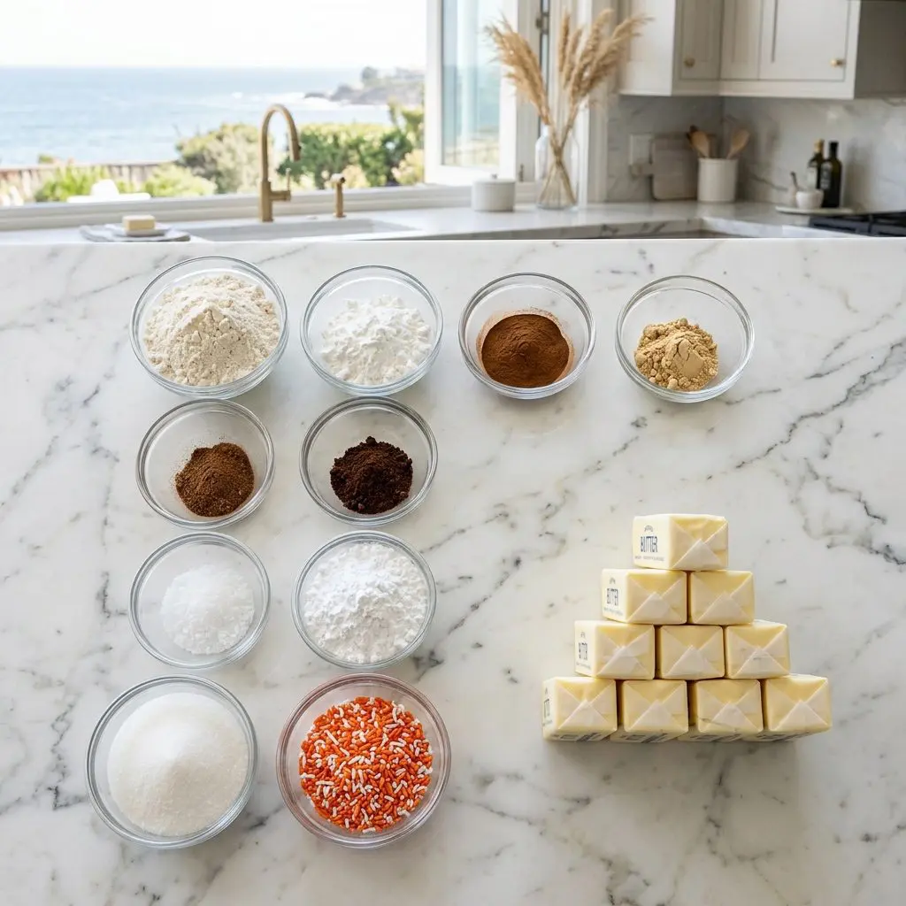 Overhead raw ingredients arrangement on a white marble countertop in a bright coastal kitchen: glass bowls filled with unbleached flour, cornstarch, confectioners' sugar, and individual spices of cinnamon, ginger, nutmeg, and cloves, accompanied by four sticks of butter stacked neatly in a high pyramid, a bowl of white sanding sugar, and colorful orange and white sprinkles.