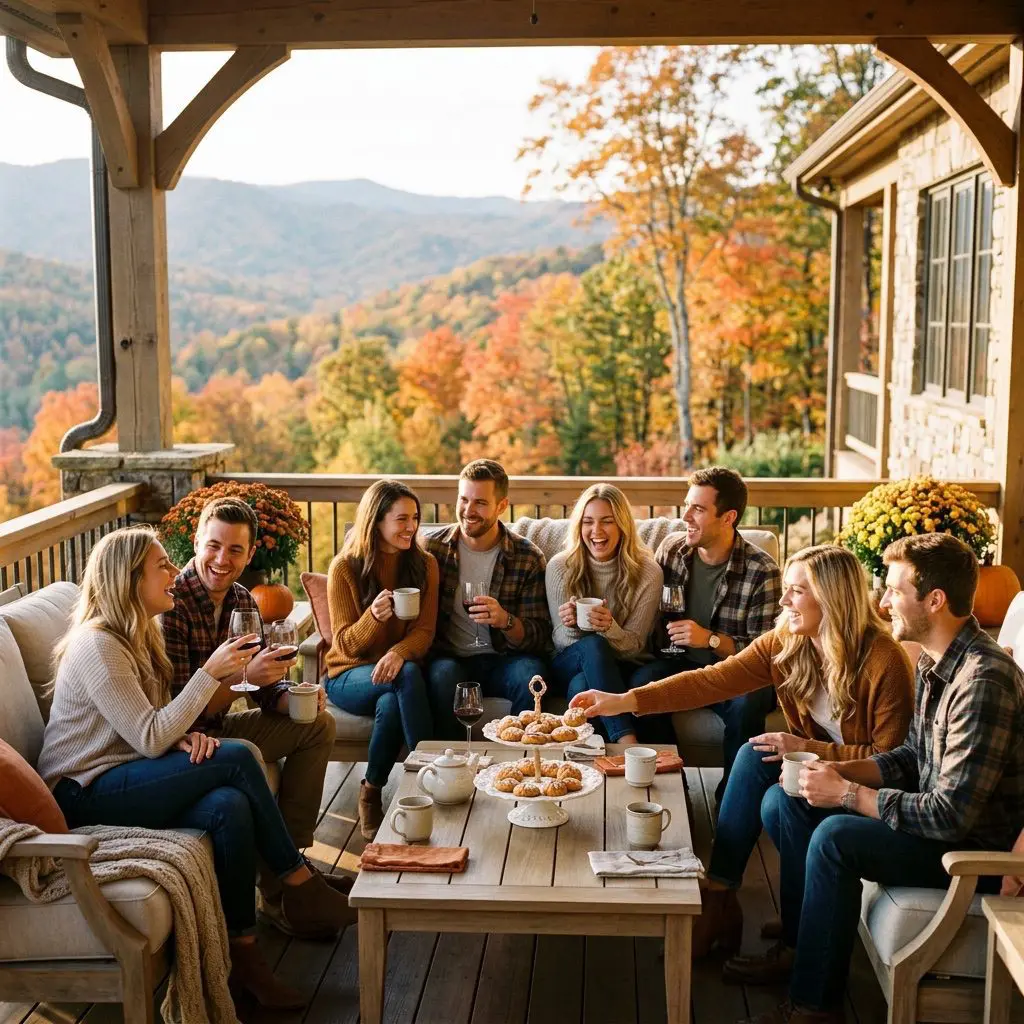 Exactly eight young adult guests, consisting of four couples, gathered on a sun-drenched North Carolina veranda overlooking colorful autumn mountains. They are laughing, chatting, and sharing warm pumpkin-spiced meltaway cookies from a white porcelain tiered serving stand while clinking mugs and glasses together.