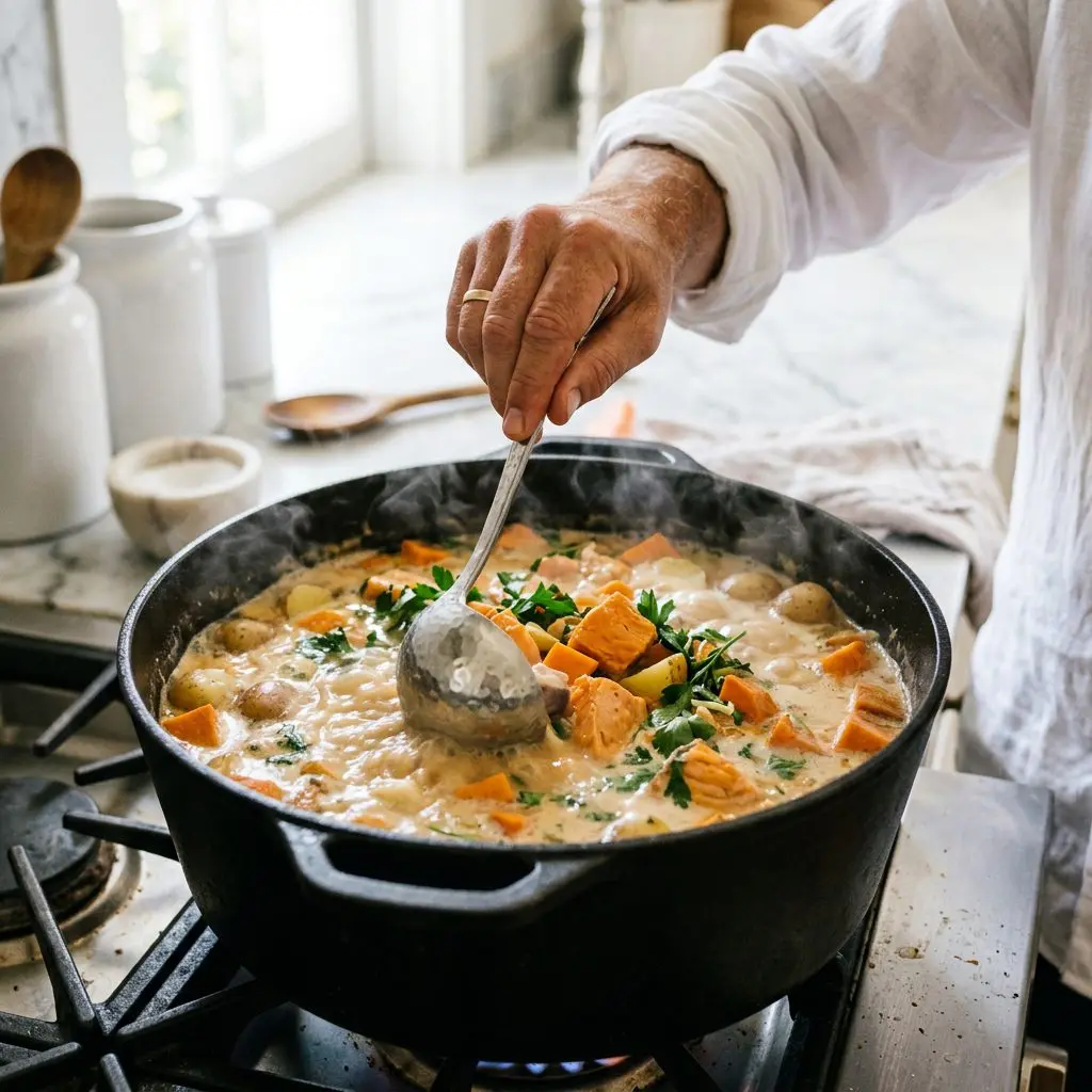 A cook's hand using a heavy silver ladle to stir a massive, steaming cast-iron Dutch oven violently boiling with thick, pale-orange cream broth, loaded with massive chunks of meaty pumpkin swordfish and bright sweet potatoes.