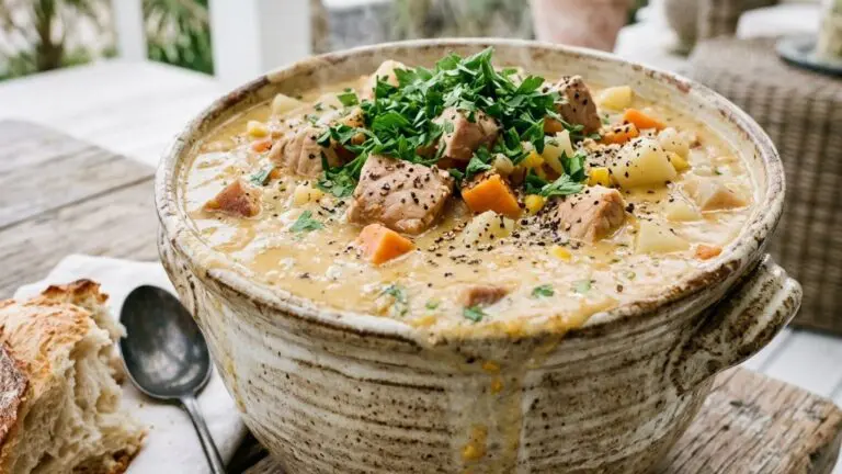 Stunning plated serving of Pumpkin Swordfish Chowder, a chef-tested recipe by Chef Jorj Morgan.