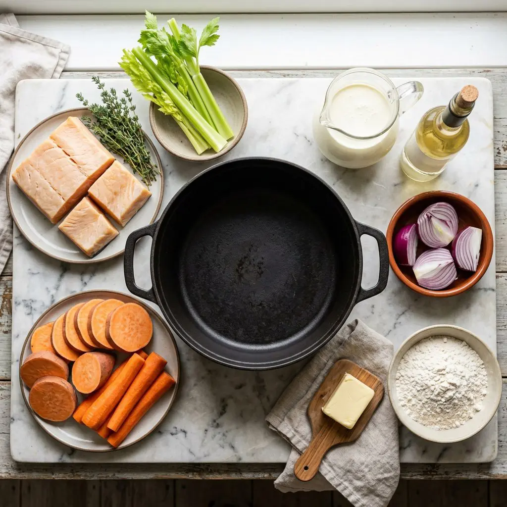 Ingredients arranged: a heavy block of cooked pale-orange pumpkin swordfish, bright orange sweet potatoes, vibrant carrots, red onions, crisp celery, fresh thyme, a bottle of white wine, a heavy pitcher of rich cream, butter, and unbleached flour around a heavy cast-iron Dutch oven on a marble prep board.