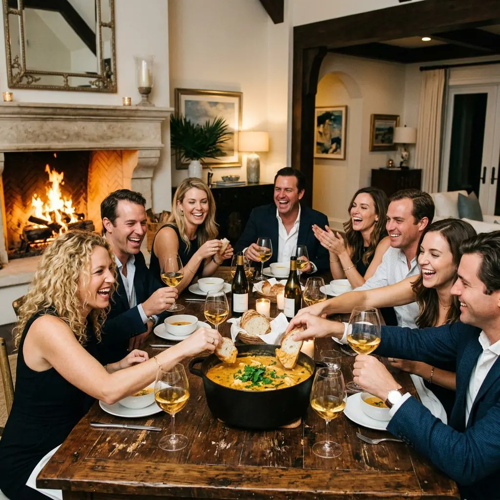 8 guests gathered tightly around a rustic table by a roaring fireplace, laughing loudly, dipping crusty bread, and drinking oaked Chardonnay in glasses on a Palm Beach Estate. A massive steaming Dutch oven of Pumpkin Swordfish Chowder anchors the lively coastal dinner party.