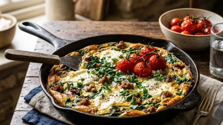 Stunning plated serving of Ricotta Frittata with Swiss Chard and Spinach, a chef-tested recipe by Chef Jorj Morgan.
