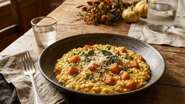 Stunning plated serving of Risotto with Butternut Squash, a chef-tested recipe by Chef Jorj Morgan.