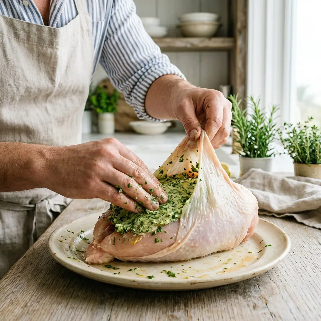 Close-up action shot of a cook's hands gently massaging a thick layer of rich, green herb butter under the translucent skin of a raw whole chicken breast.