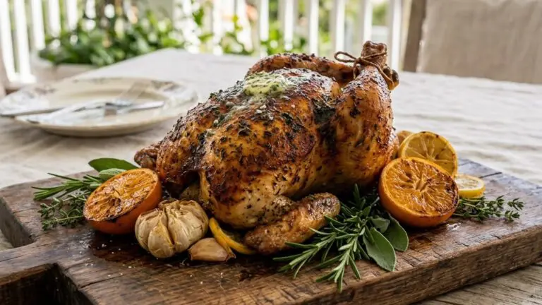 Stunning plated serving of Roasted Chicken (or Turkey) with Herb Butter, a chef-tested recipe by Chef Jorj Morgan.
