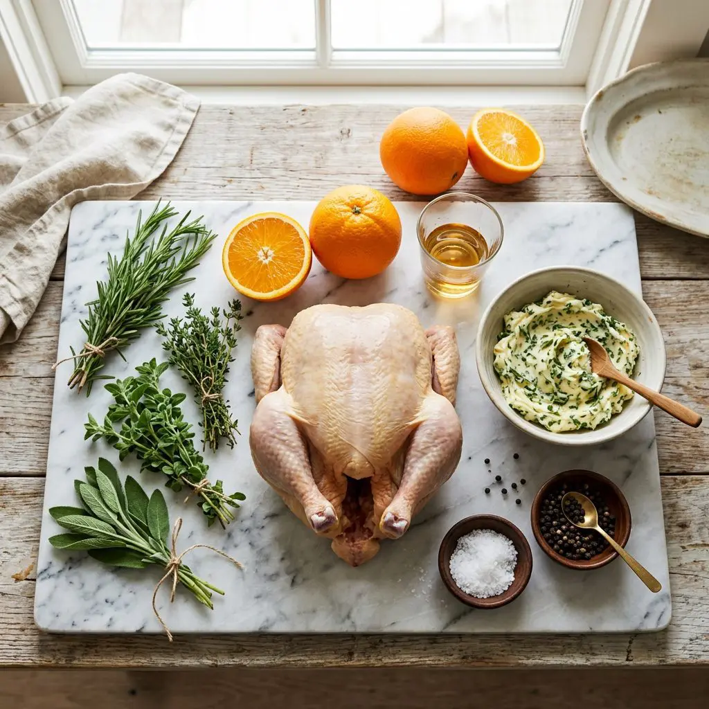 Ingredients arranged: a beautiful whole raw chicken, a bowl of softened butter flecked with chopped green herbs, fresh rosemary, thyme, oregano, sage, whole bright oranges, a splash of dry sherry in a glass, salt, and pepper around a marble prep board.