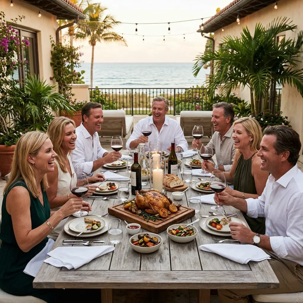 8 guests gathered around the table laughing, eating, and drinking Red Burgundy in large-bowl glasses in a Palm Beach Estate dining patio with ocean views. A massive, beautiful wooden board featuring a whole golden Roasted Chicken anchors the center of the timeless gathering.