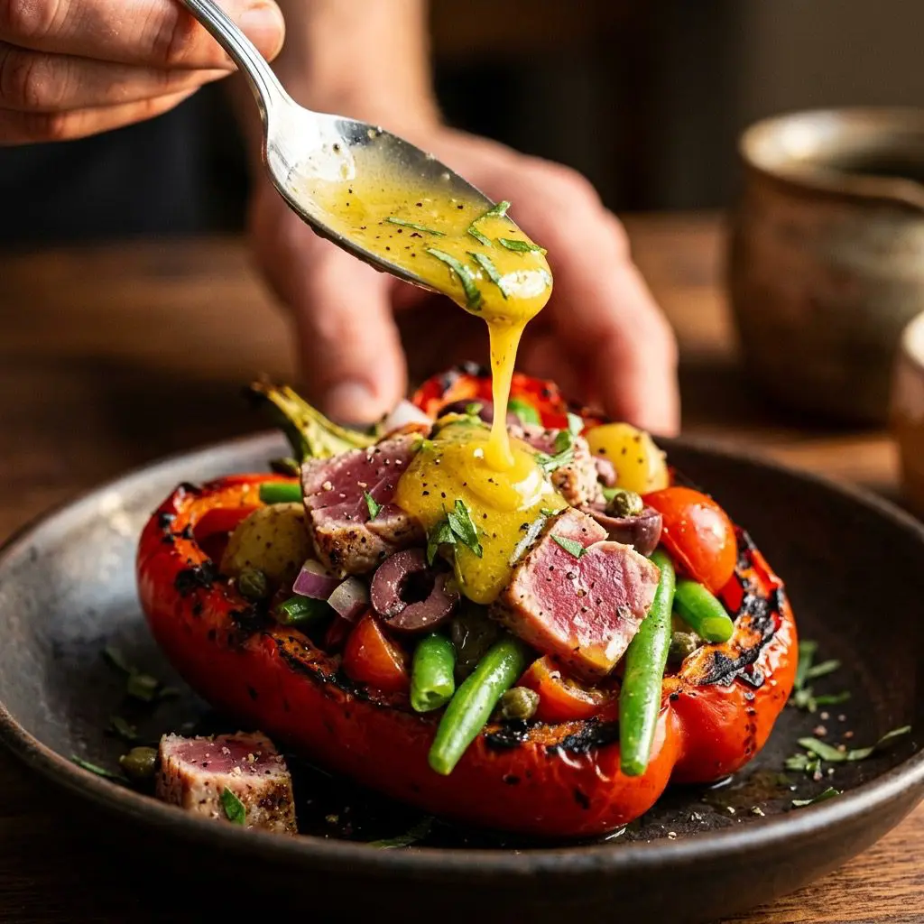Extreme close-up action shot drizzling a thick, golden tarragon-lemon dressing from a silver spoon over a vibrant, charred bell pepper half heavily stuffed with rare grilled tuna