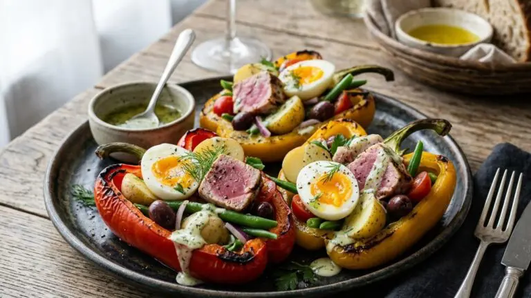 Stunning plated serving of Roasted Peppers stuffed with Tuna and Olive Salad, a chef-tested recipe by Chef Jorj Morgan.