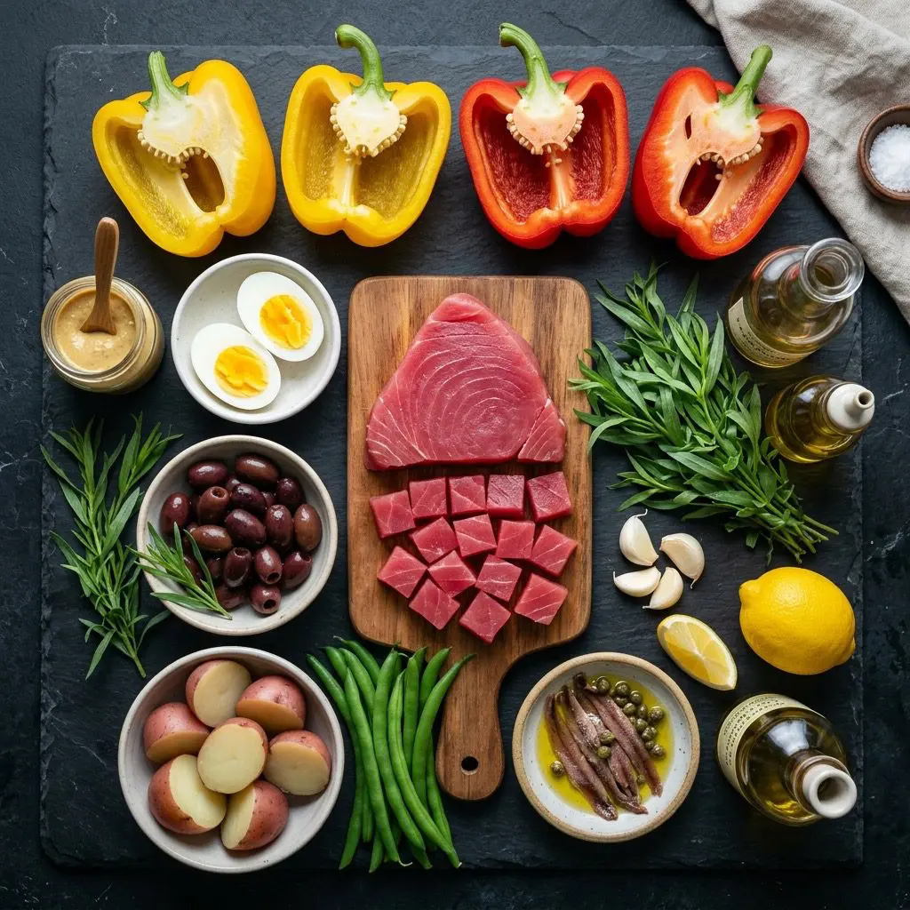 Overhead prep shot of fresh ingredients for tuna and olive stuffed peppers, including bell peppers, tuna steak, eggs, olives, potatoes, green beans, anchovies, and dressing ingredients
