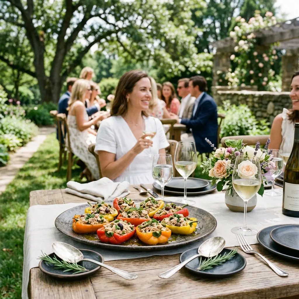 An elegant, formal outdoor garden luncheon setting featuring a platter of Roasted Peppers stuffed with Tuna and Olive Salad, with a breezy gathering in the background