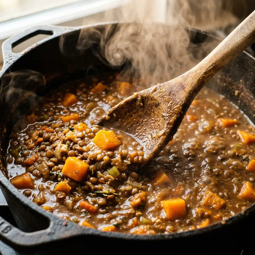 A rustic wooden spoon stirring a rich, simmering brown lentil and bright orange butternut squash stew in a heavy cast-iron Dutch oven, with thick steam rising into the.