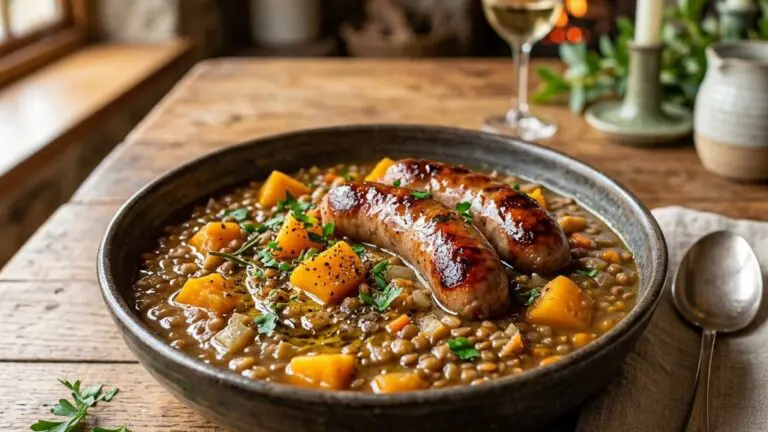 Stunning plated serving of Roasted Sausage over Lentil and Butternut Squash Stew, a chef-tested recipe by Chef Jorj Morgan.