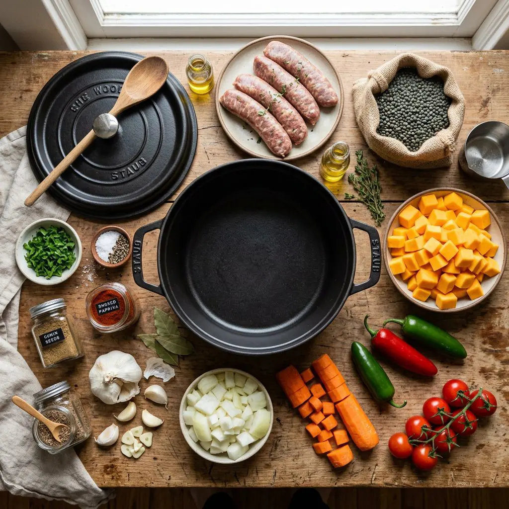 Overhead prep shot of fresh ingredients for gourmet Lentil and Butternut Squash Stew, including raw sausage links, dried French green lentils, cubed raw butternut squash, jalapeño, tomatoes, carrots, onions, garlic, cumin, and paprika arranged around a heavy cast-iron Dutch oven