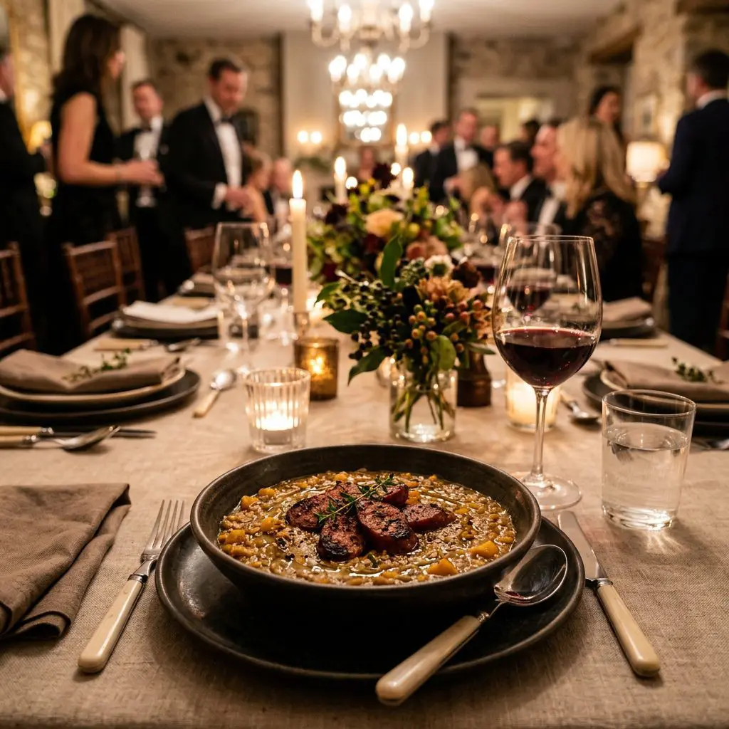 A formal evening indoor dinner table setting showing an individual dark ceramic shallow bowl filled with thick lentil squash stew and topped with roasted sausage slices, with glasses of red wine and a gathering in the background.