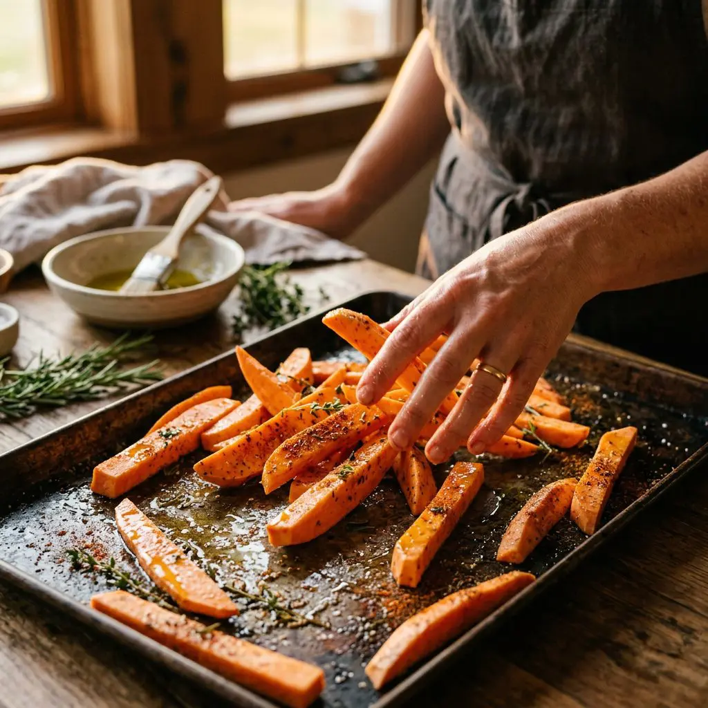 Close-up action shot of bright orange, spice-dusted raw sweet potato spears being tossed by hand with glistening olive oil on a dark metal baking sheet