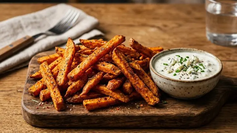 Stunning plated serving of Roasted Sweet Potato Fries with Blue Cheese Dressing, a chef-tested recipe by Chef Jorj Morgan.