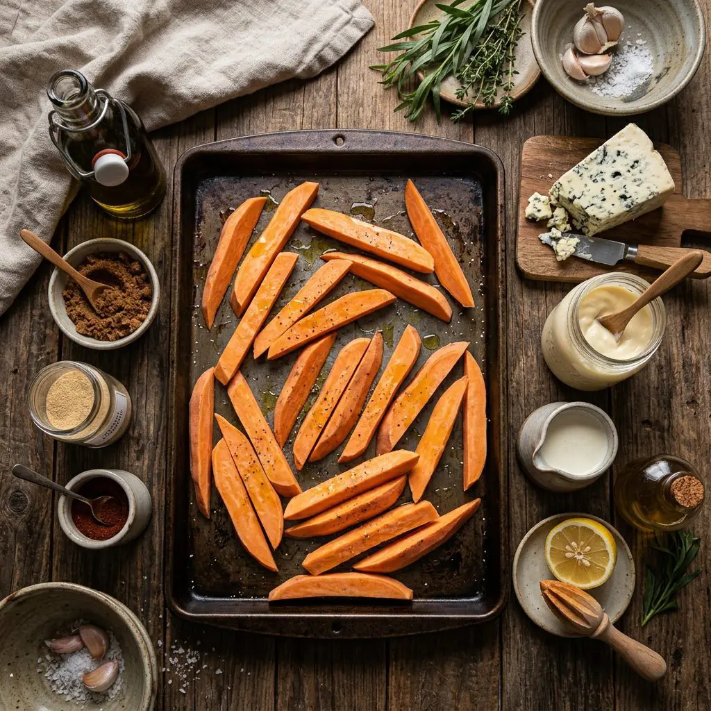 Raw ingredients for roasted sweet potato fries and blue cheese dressing arranged: thick spears of raw orange sweet potatoes, a small bottle of olive oil, brown sugar, garlic powder, chili powder, a wedge of crumbly blue cheese, mayonnaise, heavy cream, a lemon half, and tarragon vinegar, arranged around a dark metal baking sheet.