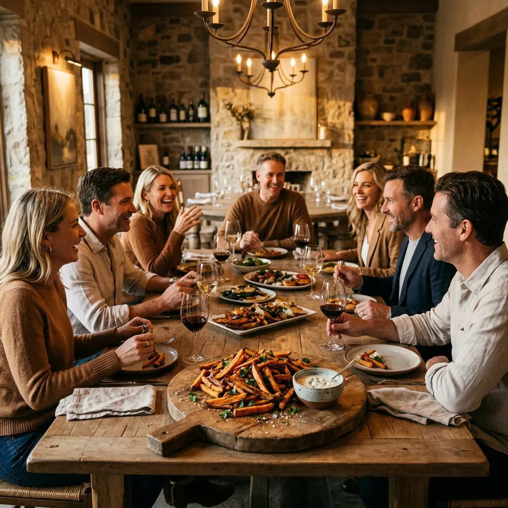 8 guests gathered around the table laughing, eating, and drinking wine, with a large rustic wooden board piled high with vibrant Roasted Sweet Potato Fries and blue cheese dressing in the center as the anchor.