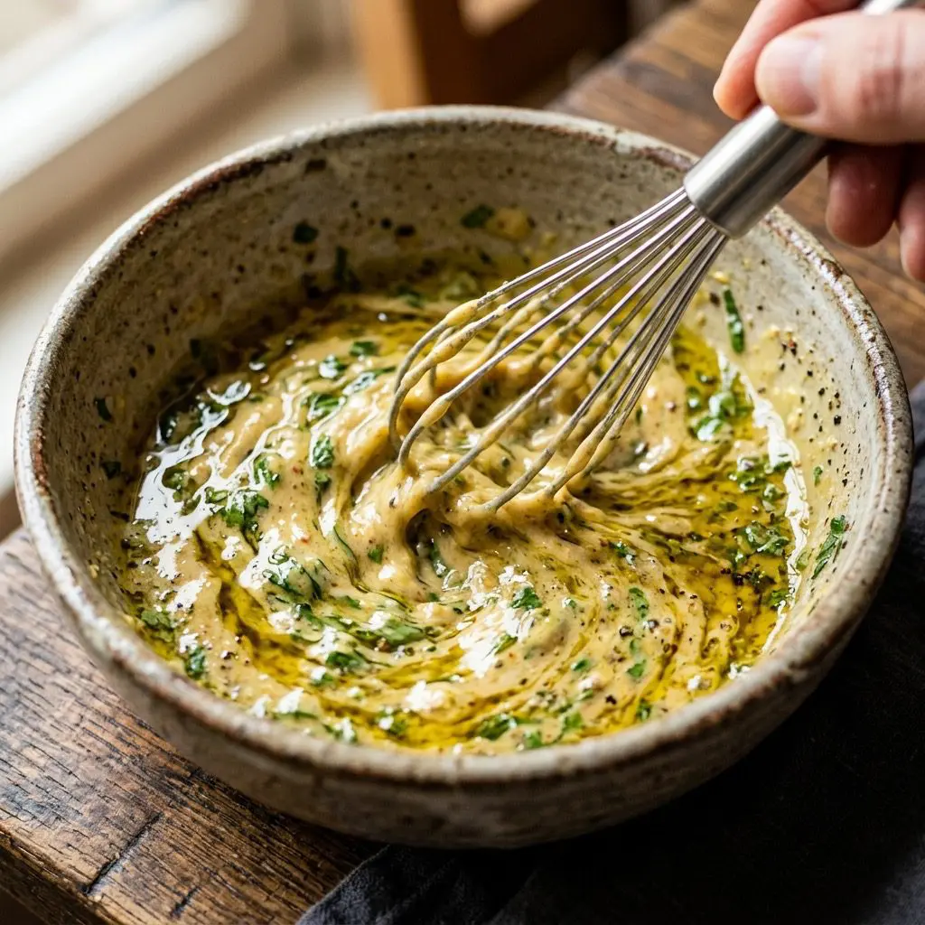 Extreme close-up action shot using a small silver whisk to quickly emulsify golden olive oil into a bowl of Dijon mustard, Meyer lemon juice, white balsamic vinegar, honey, and fresh basil