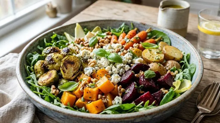 Stunning plated serving of Roasted-Veggie Winter Salad with Meyer Lemon-Basil Vinaigrette, a chef-tested recipe by Chef Jorj Morgan.