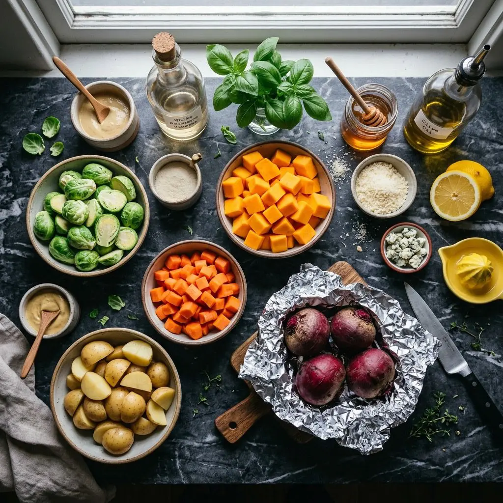 Overhead prep shot of Brussels sprouts, butternut squash, carrots, potatoes, beets, mustard, Parmesan, Gorgonzola, Meyer lemon, basil, vinegar, honey, and olive oil