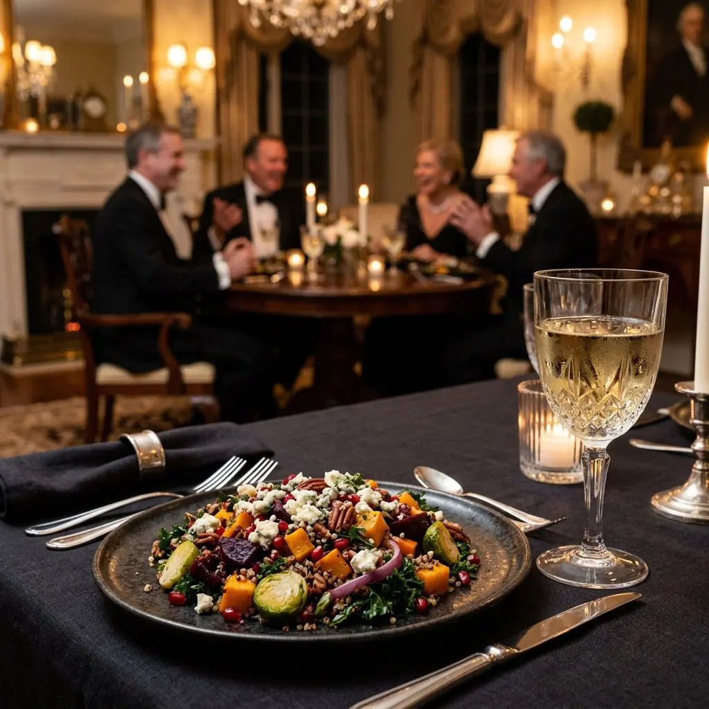 An elegant, formal dinner table setting featuring Roasted-Veggie Winter Salad, with a dinner party in the background