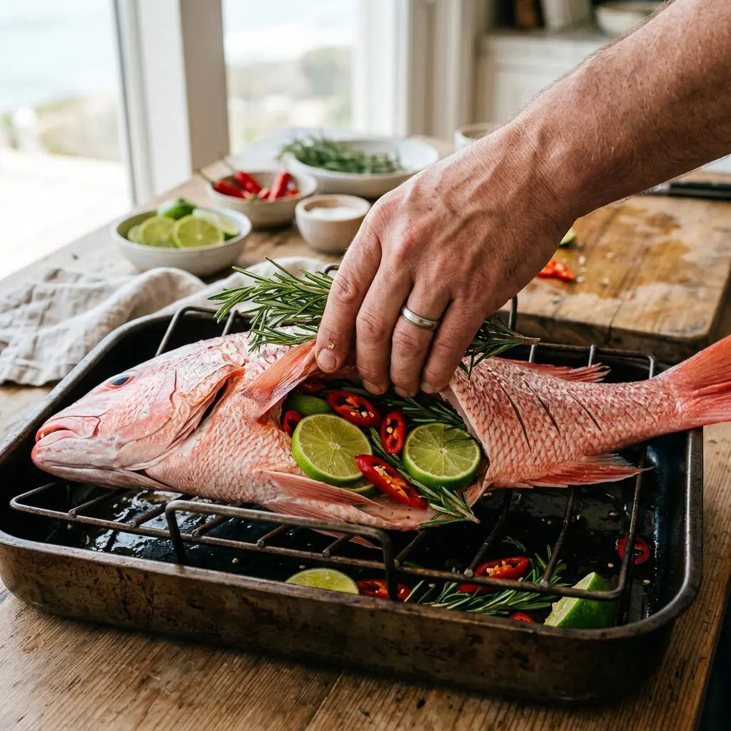 A cook's hand stuffing bright green lime pinwheels, fiery red sliced Fresno chilies, and thick sprigs of woody rosemary deep into the cavity of a massive, scored, bright red raw whole snapper resting on a roasting rack.