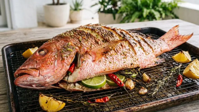 Stunning plated serving of Roasted Whole Snapper, a chef-tested recipe by Chef Jorj Morgan.