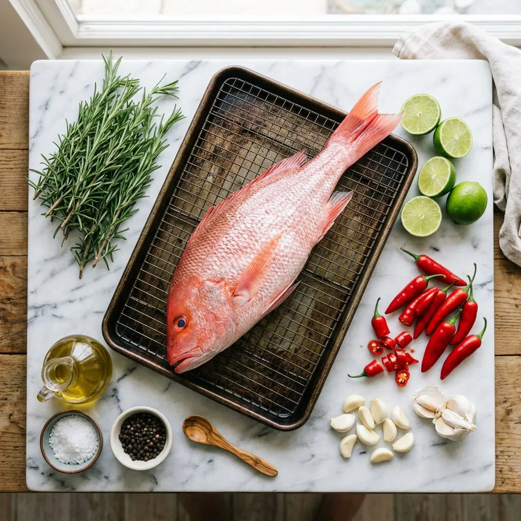 Ingredients arranged: a massive, bright red raw whole snapper, vibrant green limes, fiery red Fresno chilies, a thick bunch of woody rosemary, olive oil, fresh garlic cloves, kosher salt, and black pepper around a heavy, wire-racked roasting sheet on a marble prep board.