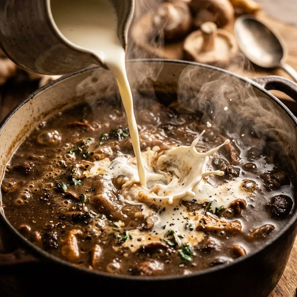 Extreme close-up action shot pouring a rich splash of heavy cream into a deep pot of simmering, velvety dark brown roasted wild mushroom soup