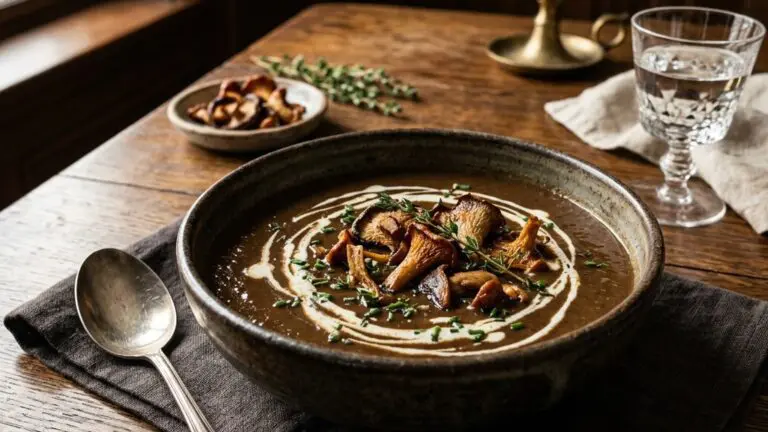 Stunning plated serving of Roasted Wild Mushroom Soup, a chef-tested recipe by Chef Jorj Morgan.