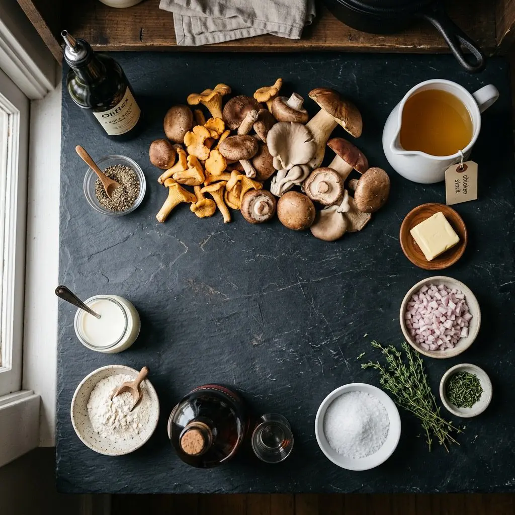 Overhead prep shot of fresh ingredients for wild mushroom soup, including assorted wild mushrooms, olive oil, black pepper, chicken stock, butter, diced shallots, fresh thyme, kosher salt, brandy, flour, and heavy cream