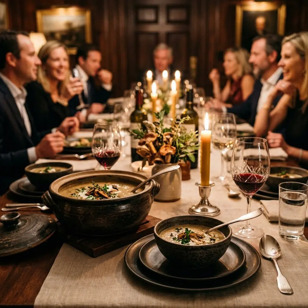 An elegant, formal dinner table setting featuring a rustic tureen and bowls of Roasted Wild Mushroom Soup, with a dinner party in the background