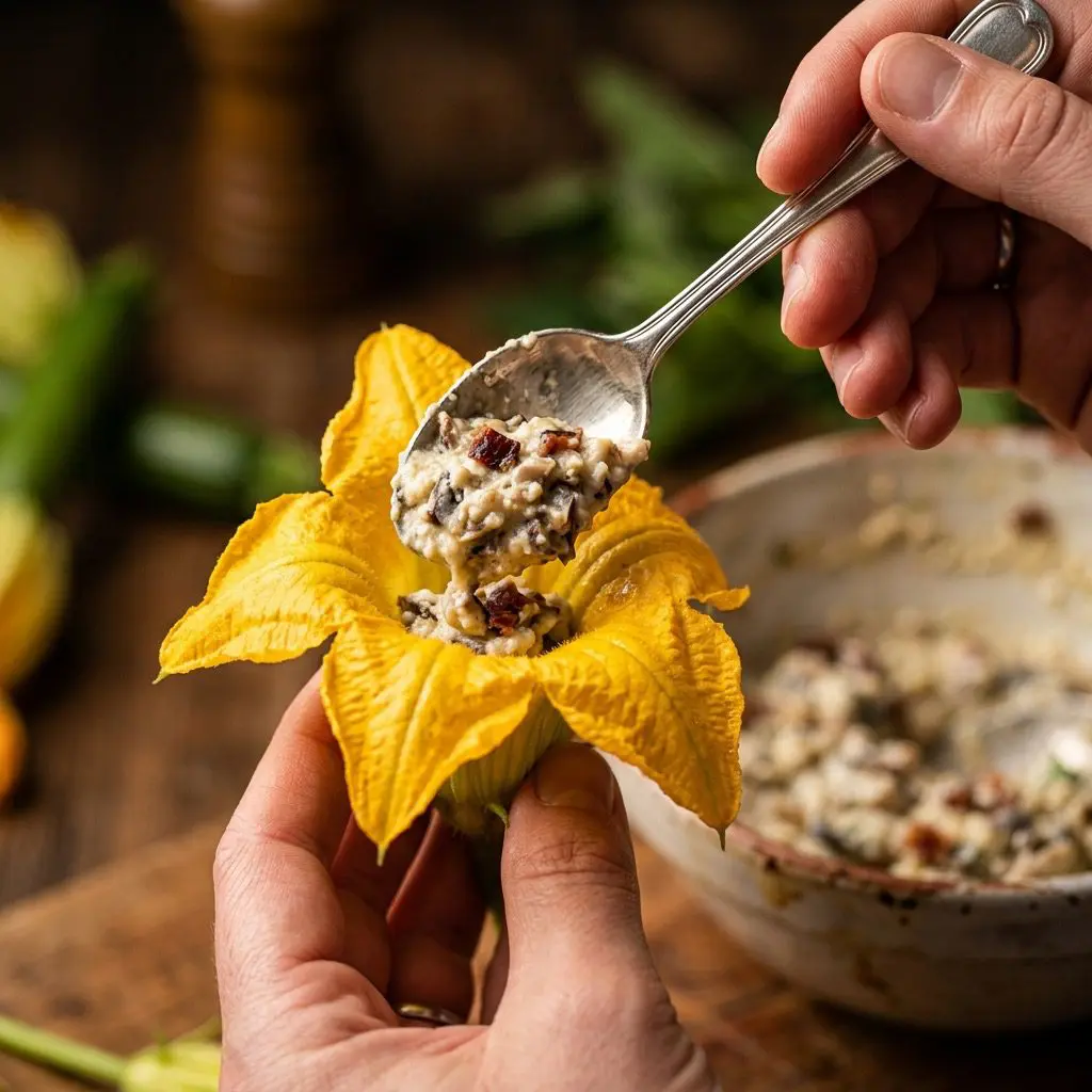Extreme close-up action shot using a small silver spoon to delicately pipe a creamy, savory filling of ricotta, mushrooms, and bacon into the center of a fragile zucchini blossom