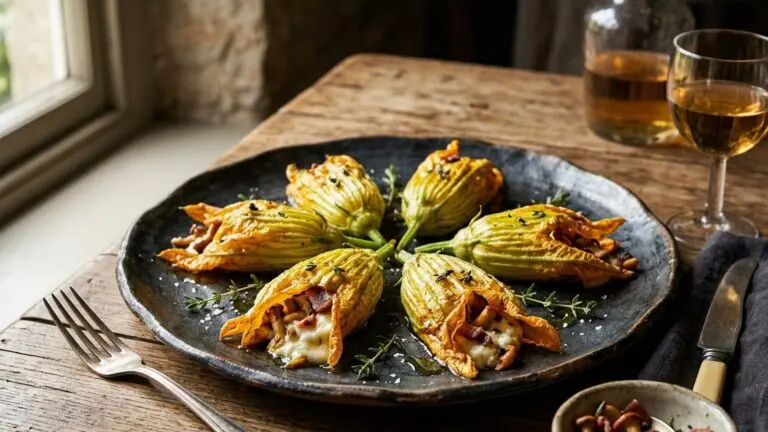 Stunning plated serving of Roasted Zucchini Blossoms, a chef-tested recipe by Chef Jorj Morgan.