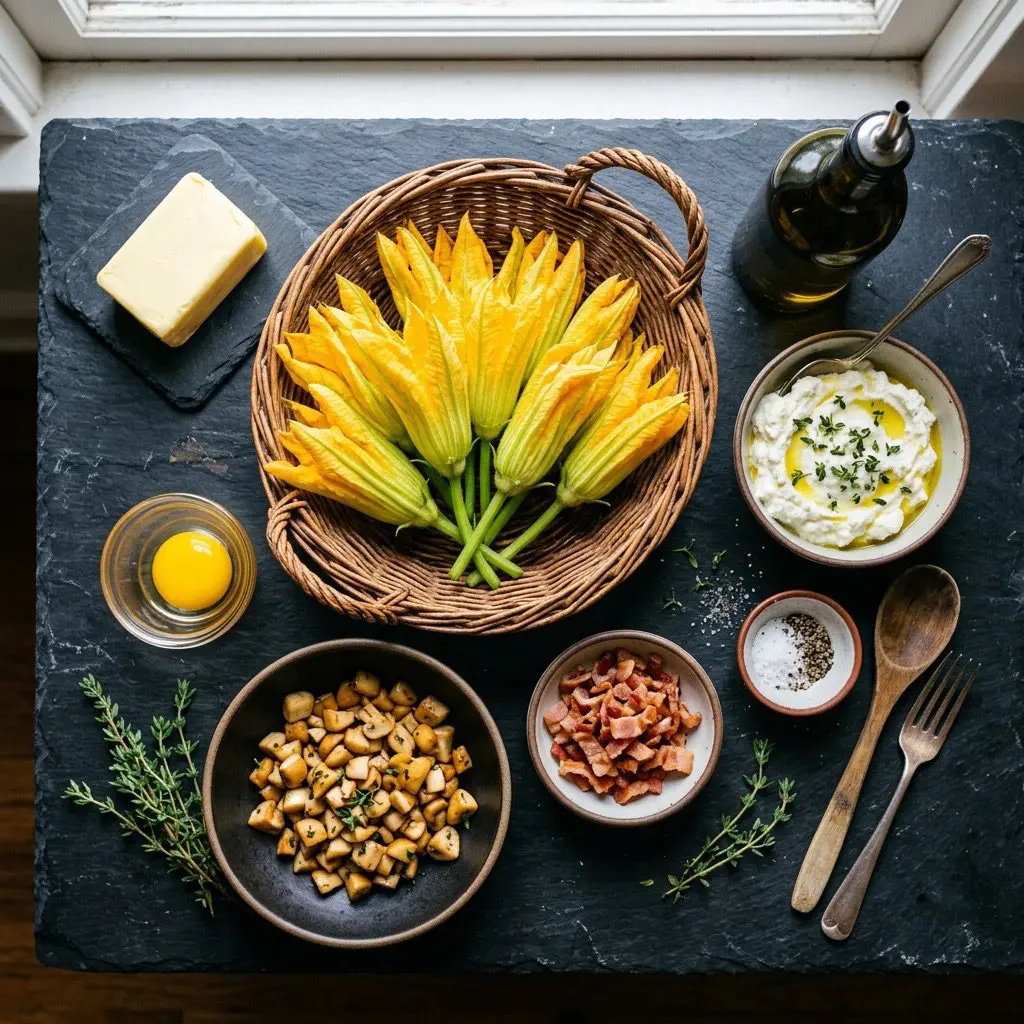 Overhead prep shot of fresh ingredients for Roasted Zucchini Blossoms, including delicate yellow squash blossoms, ricotta cheese, mushrooms, bacon, egg yolk, and thyme