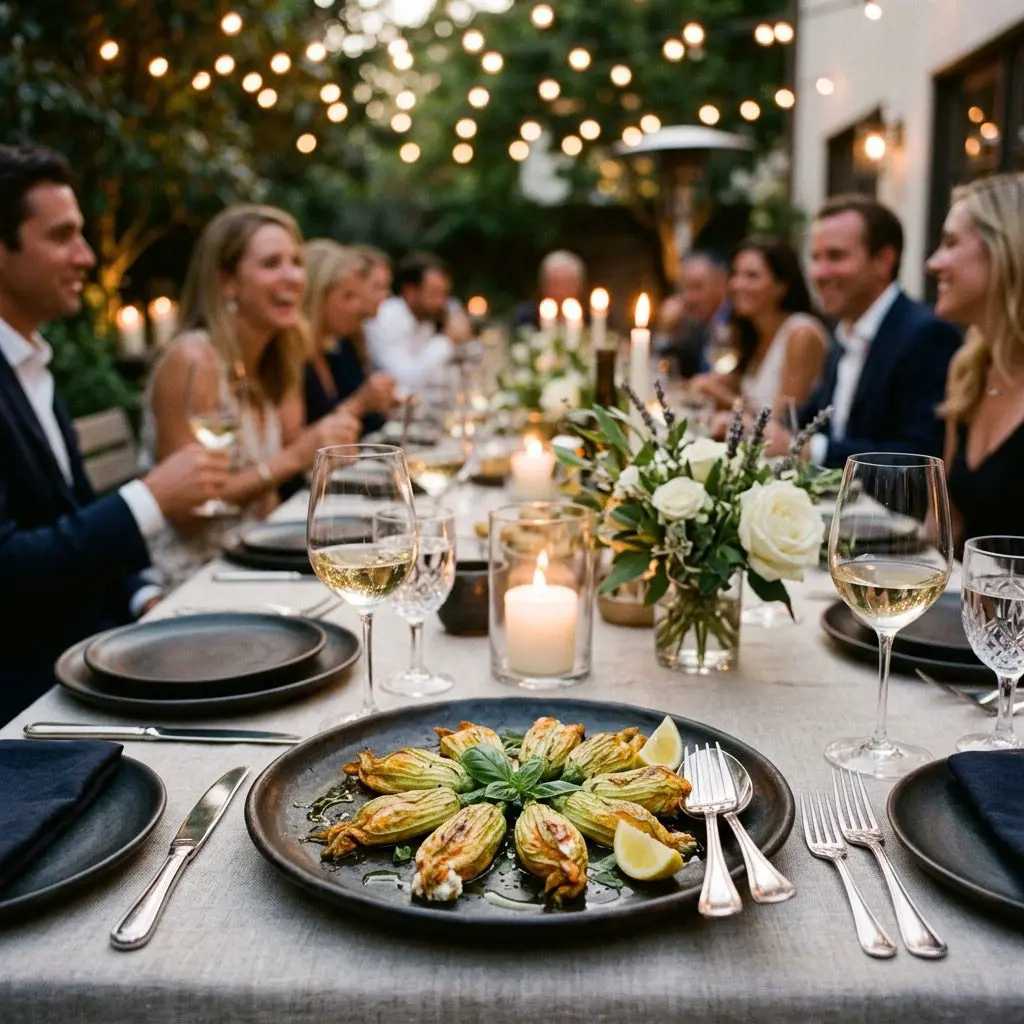 An elegant, formal early summer dinner table setting featuring a dark ceramic platter of delicate, stuffed Roasted Zucchini Blossoms, with a sophisticated patio gathering in the background
