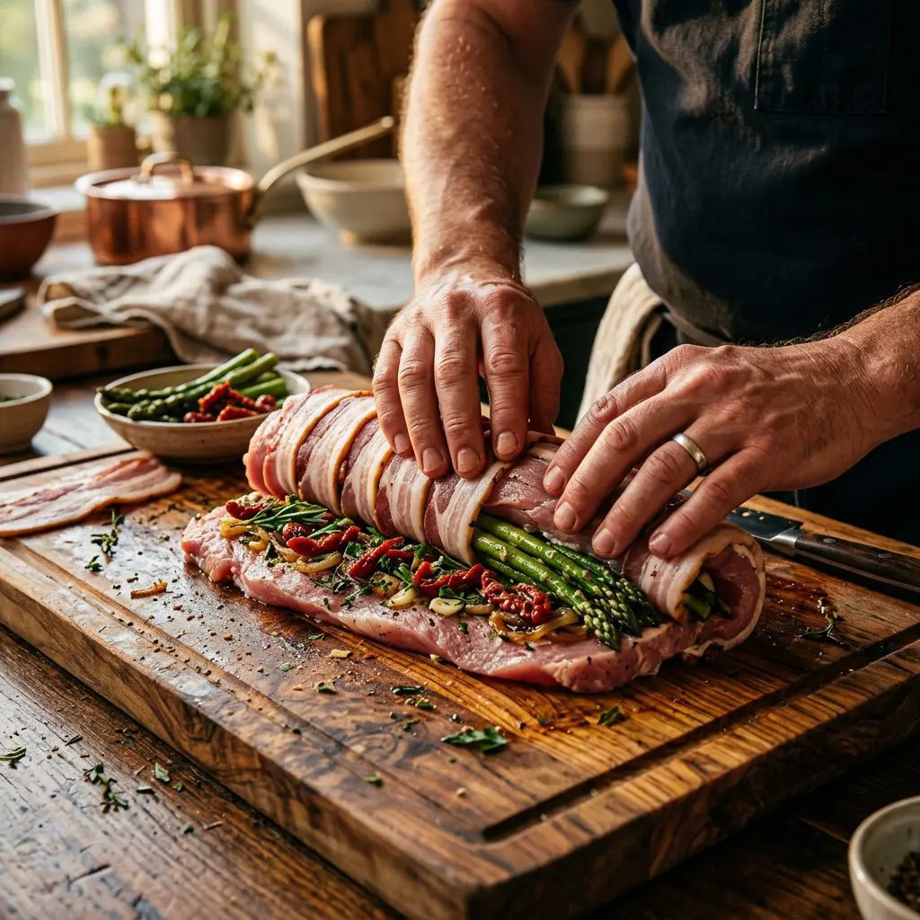 A cook's hands carefully rolling a large, butterflied pork tenderloin jelly-roll style over a filling of asparagus and sun-dried tomatoes, tightly wrapping it in strips of bacon on a thick wooden cutting board.