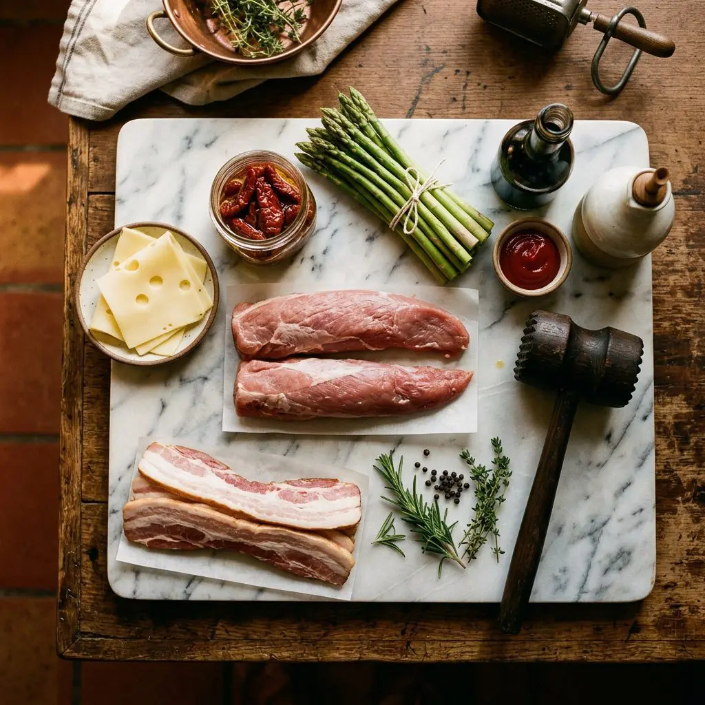 Ingredients arranged: two raw pork tenderloins, thick bacon strips, Swiss cheese slices, a jar of sun-dried tomatoes, fresh green asparagus, ketchup, balsamic vinegar, olive oil, and a wooden meat mallet around a marble prep board.
