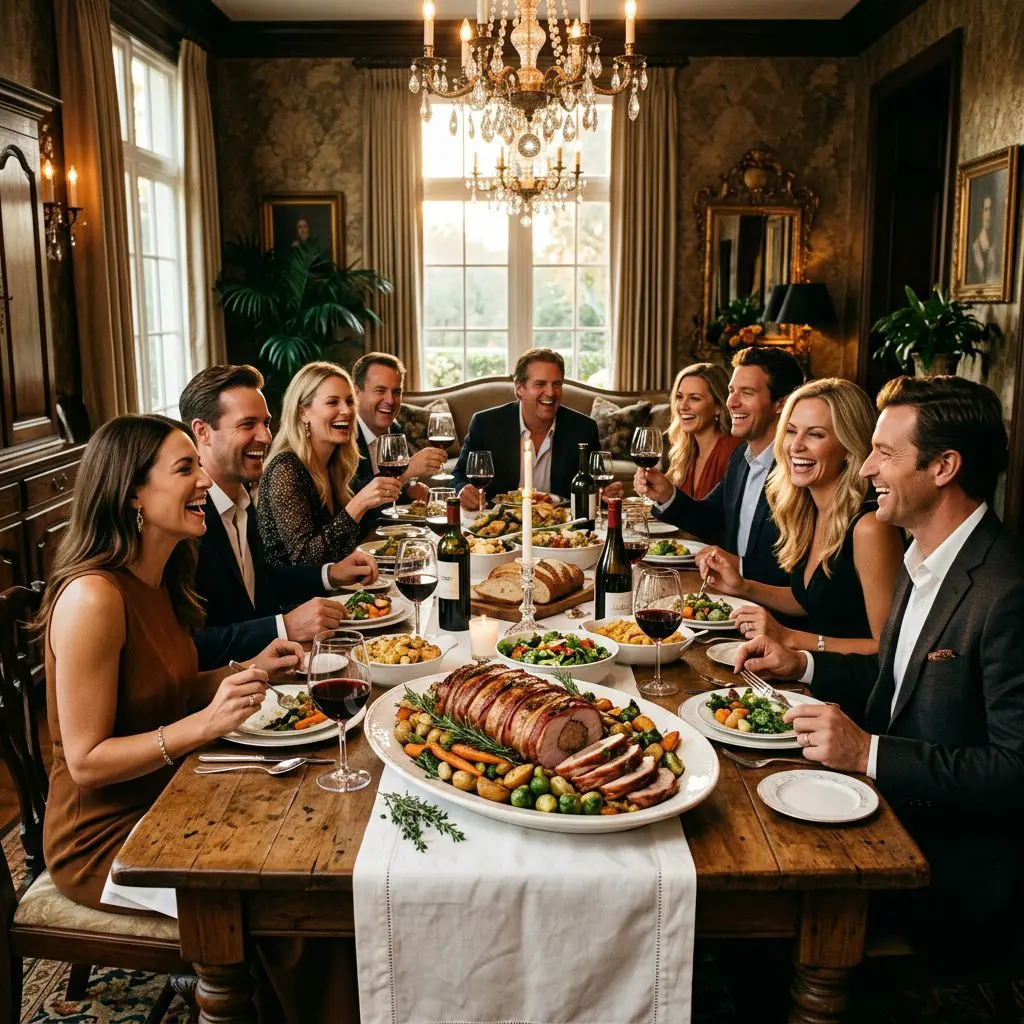 8 guests gathered around the table laughing, eating, and drinking red wine in a Palm Beach Estate dining room. The carved Bacon-Wrapped Stuffed Pork Tenderloin anchors the center of the joyful feast on a massive rustic platter.