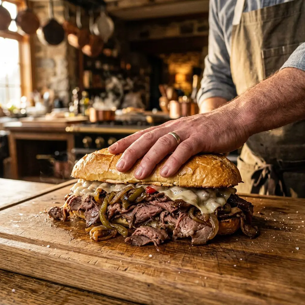 A cook's hand vigorously smushing a toasted, buttered hoagie roll closed over a massive pile of steaming, thinly shaved hot roast beef, caramelized peppers and onions, and gooey melted provolone cheese on a wooden cutting board.