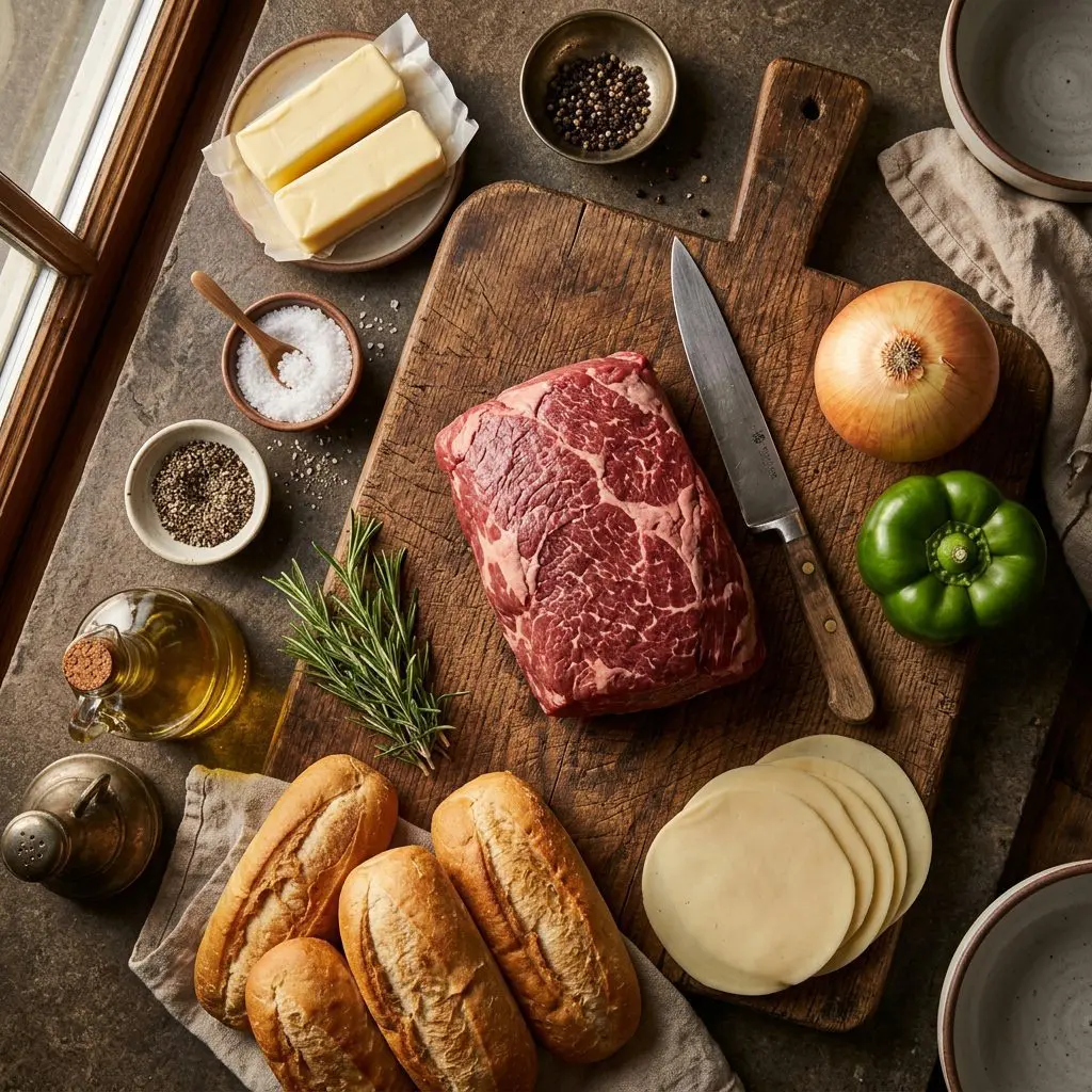 Raw ingredients for Philly Cheesesteaks arranged: a raw eye of round beef roast, sticks of softened butter, kosher salt, coarse black pepper, fresh rosemary sprigs, olive oil, a large raw yellow onion, a large raw green bell pepper, fresh hoagie rolls, and slices of provolone cheese arranged around a heavy wooden cutting board.