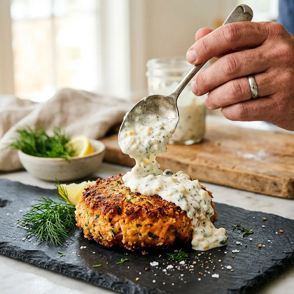A cook's hand dolloping a thick, bright white creamed corn tartar sauce from a heavy silver spoon onto a massive, intensely golden-brown, crispy pan-fried salmon cake resting on a slate board.