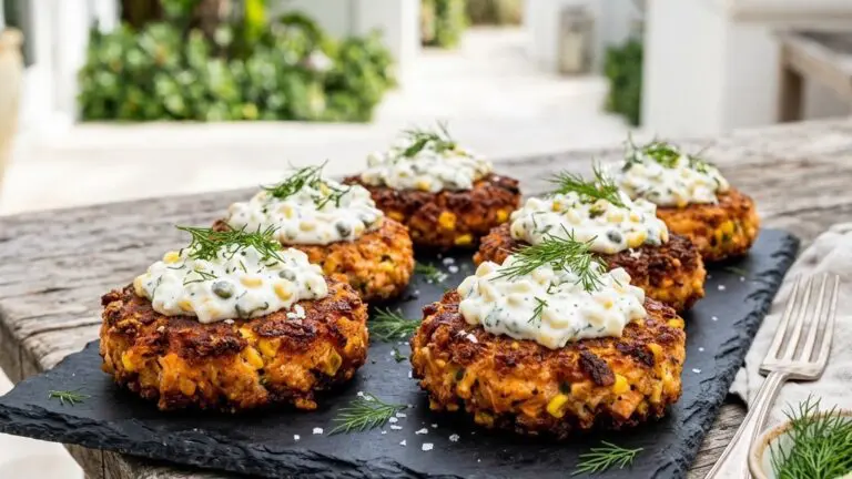 Stunning plated serving of Salmon and Corn Cakes with Creamed Corn Tartar Sauce, a chef-tested recipe by Chef Jorj Morgan.