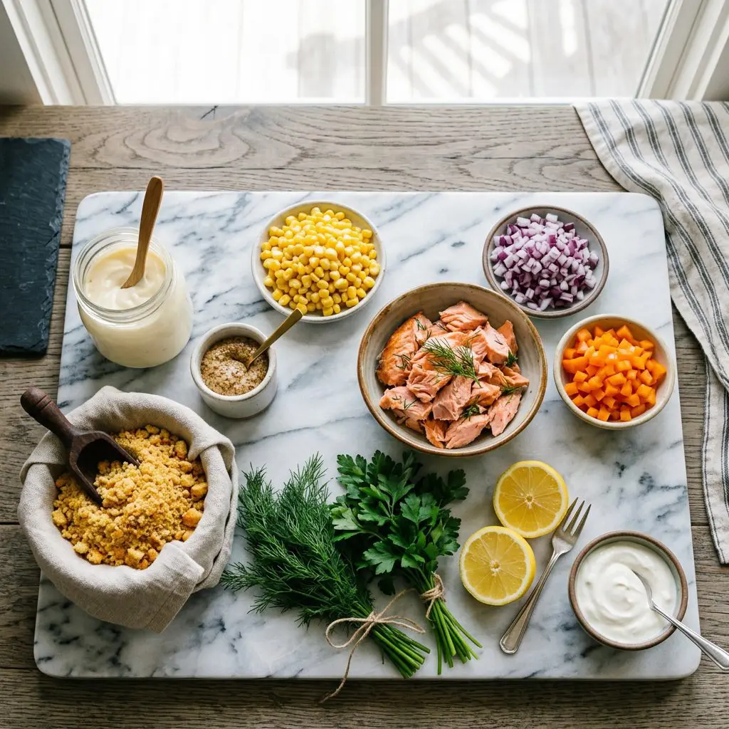 Ingredients arranged: a bowl of flaked cooked pink salmon, bright yellow corn kernels, finely diced red onion and orange bell pepper, fresh dill, parsley, a jar of mayonnaise, Dijon mustard, golden cornbread crumbs, sour cream, and bright yellow lemons around a heavy marble prep board.