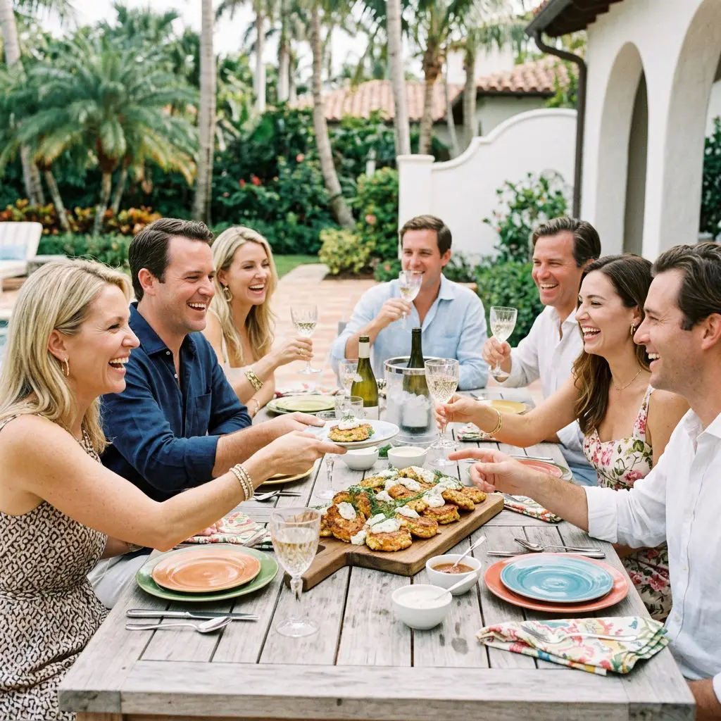 8 guests gathered tightly around a patio table laughing loudly, passing platters, and drinking icy Chablis in glasses on a Palm Beach Estate patio. A massive board of golden Salmon and Corn Cakes dolloped with tartar sauce anchors the lively coastal lunch party.
