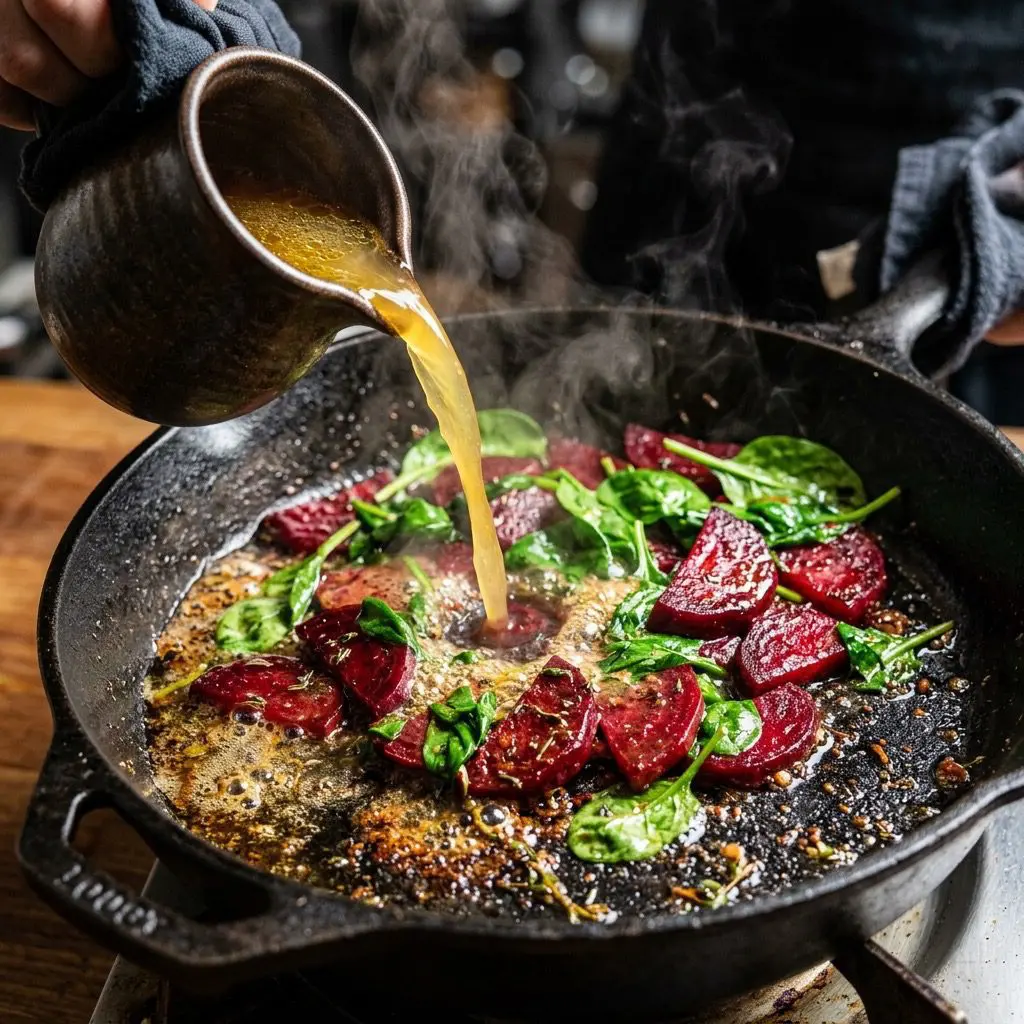 Extreme close-up action shot pouring golden chicken broth over sizzling ruby red beets and vibrant green spinach